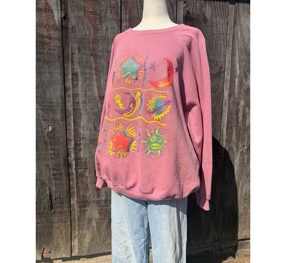 Vintage 90s Celestial Sun Moon Stars Graphic Crewneck, 3X Oversized